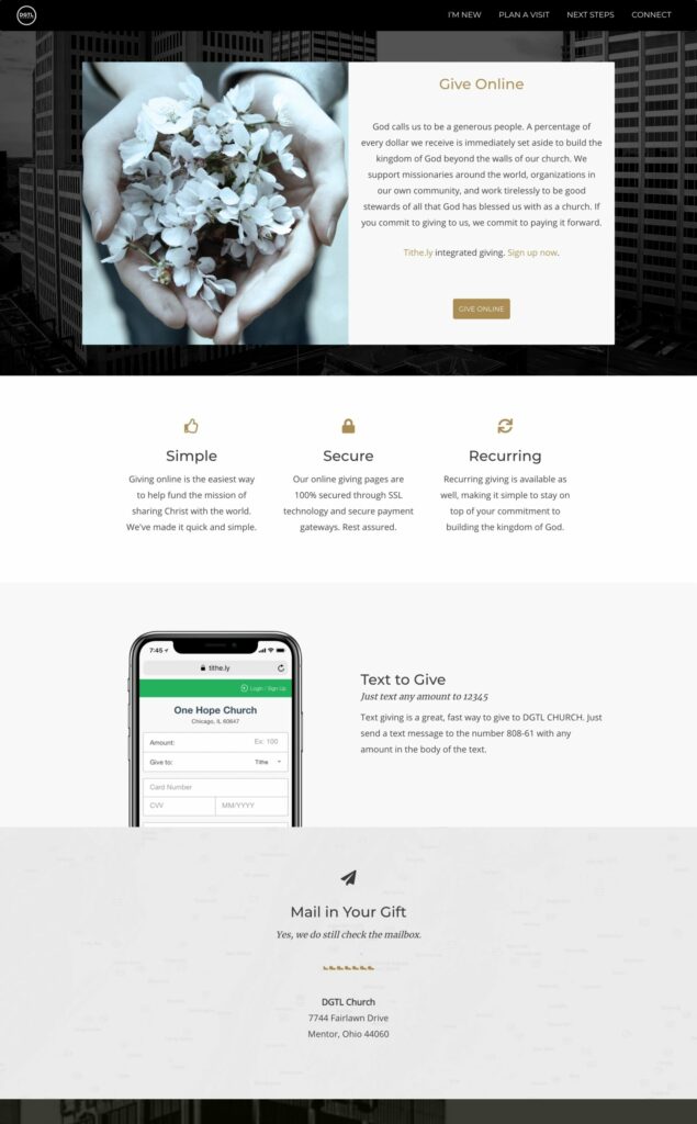 A website design for a financial company with a digital church theme.