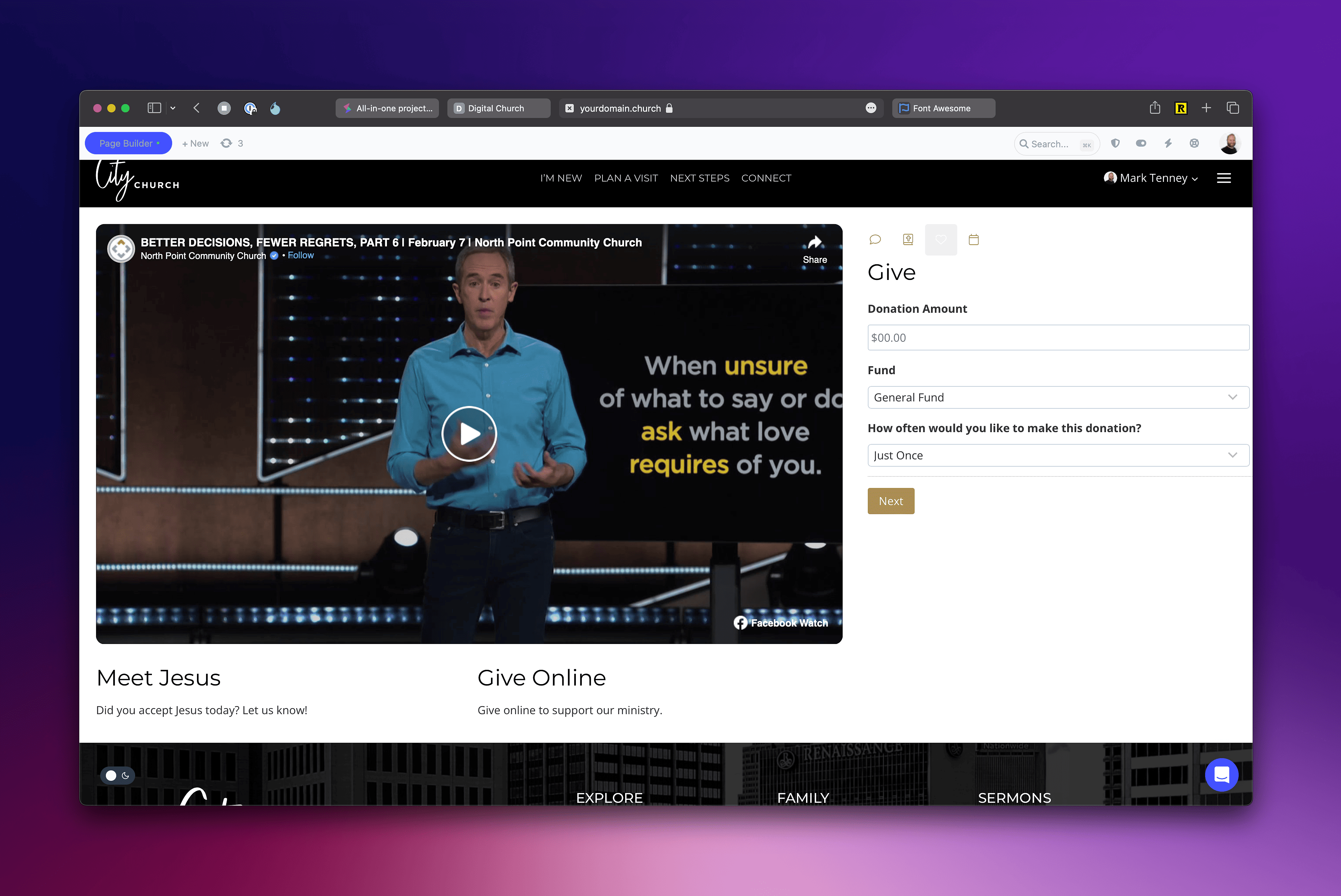 A screen shot of a digital church website with a man on it.