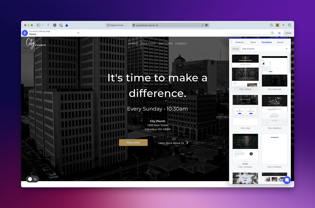 A purple-themed digital church website screenshot.