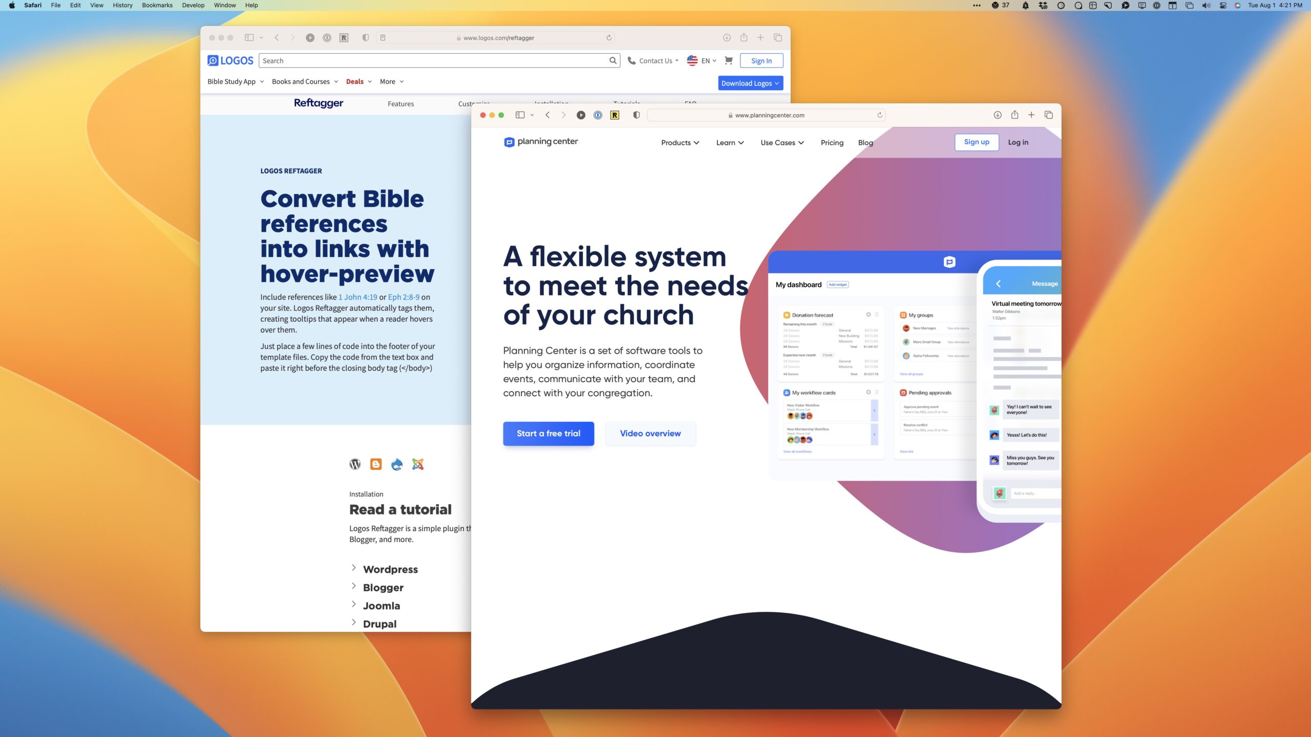 A screen shot of a digital church website with a blue and orange background.